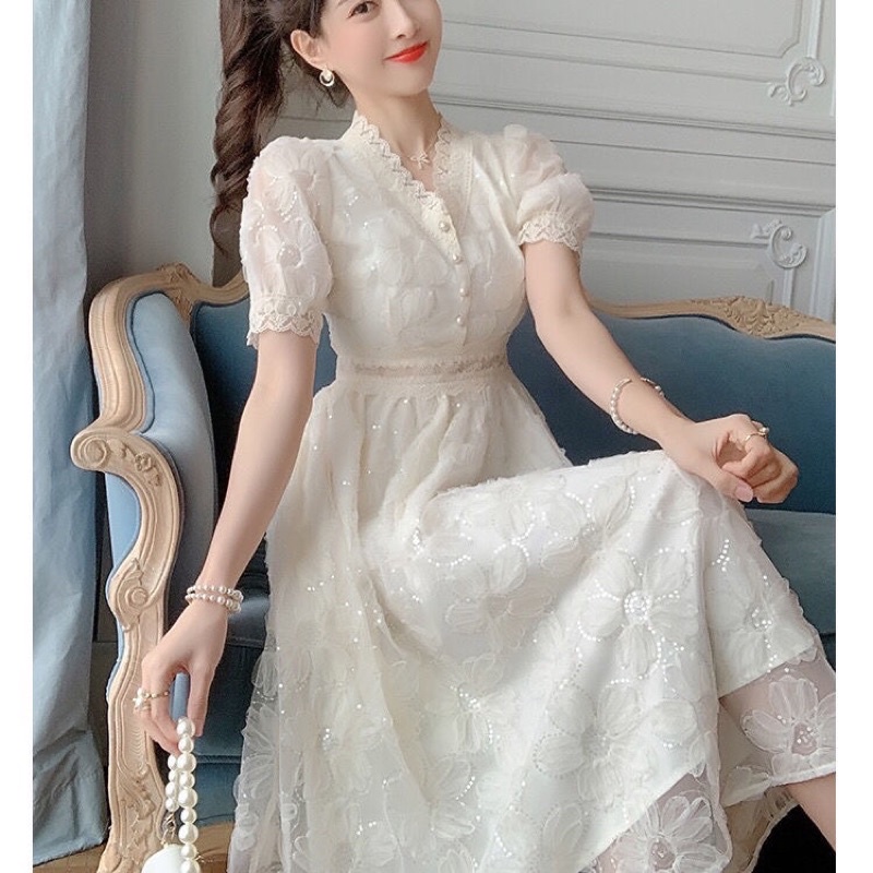 VÁY REN TRẮNG CỘC TAY THÊU QUYẾN RŨ SANG TRỌNG-VÁY TRẮNG CÔNG CHÚA XOÈ BỒNG BỀNH TAY PHỒNG SIÊU XINH😍