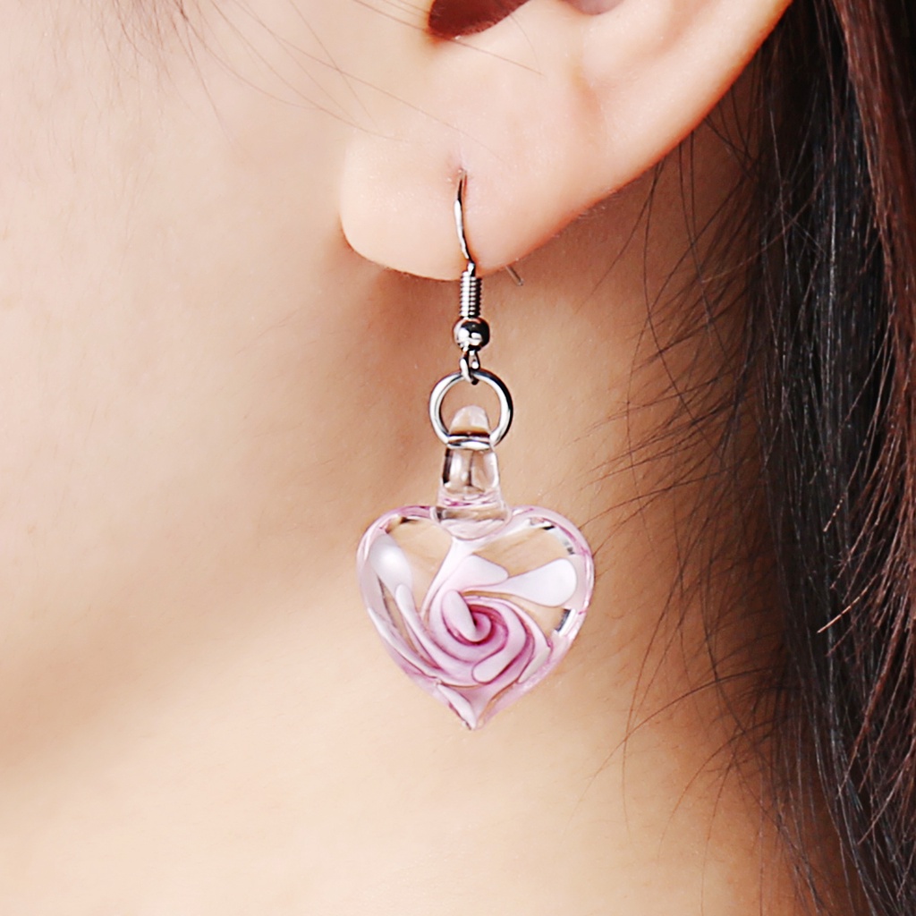 Murano Bông Tai Hình Trái Tim Và Hoa Bằng Thủy Tinh Lấy Cảm Hứng Từ Murano | Khuyên Tai Móc Bằng Thép Không Gỉ Hình Đèn Thổi Phong Cách Ý Màu Xanh Lá Trong Suốt