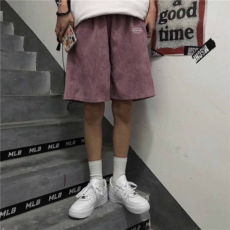 Quần Short Vải Nhung Kẻ Ống Suông Rộng Thời Trang Unisex