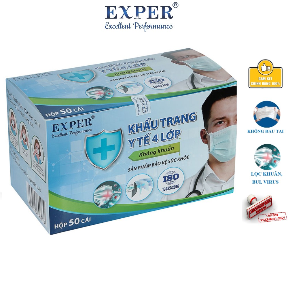 Khẩu trang y tế Exper 4 lớp hộp 50 cái. Khẩu trang y tế áp dụng công nghệ Nhật cao cấp không đau tai