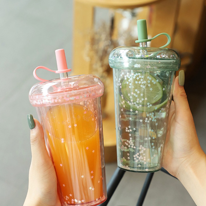 Cốc uống trà sữa bằng nhựa trong suốt hai lớp có ống hút tái sử dụng được phong cách Hàn Quốc