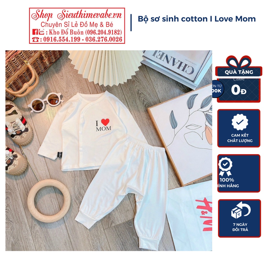 Bộ dài tay khuy lệch I love Mom, I love Dad cho bé sơ sinh 3-8kg, vải cotton mềm mịn thoáng mát, quần đáp đũng
