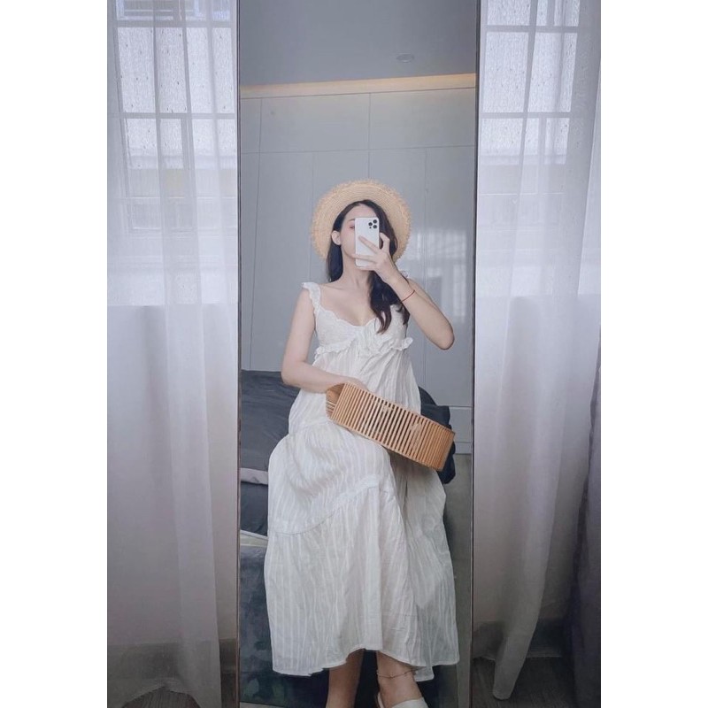 Đầm maxi thô trắng hai dây cánh tiên tiểu thư phối ren có đệm ngực hàng đẹp, Váy 2 dây nữ đi biển hàng 2 lớp dáng dài | BigBuy360 - bigbuy360.vn