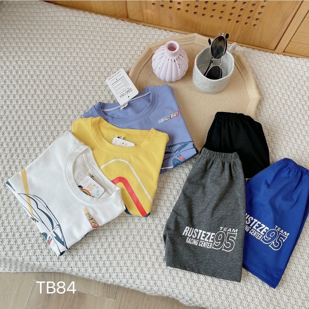 Bộ cộc tay bé trai vải cotton mềm mịn, thoáng mát, in hình ô tô đua siêu ngầu size từ 8 - 30 kg