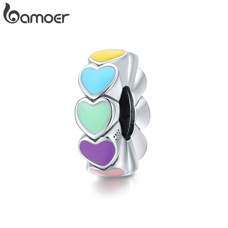 Hạt phụ kiện Bamoer SCC1838 bằng bạc 925 thật với họa tiết trái tim đầy màu sắc dành cho làm vòng tay vòng cổ