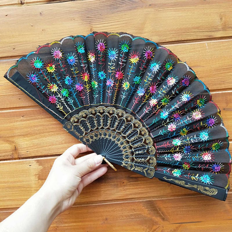 Tmdbyx Quạt Xếp Bằng Nhựa Màu Đen Đính Kim Sa Phong Cách Trung Hoa