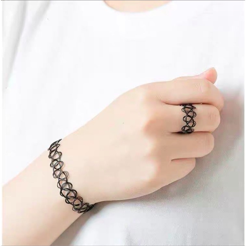 Set 3 món vòng cổ dây chuyền vòng tay nhẫn choker nữ co giãn đàn hồi phong cách hàn quốc cá tính
