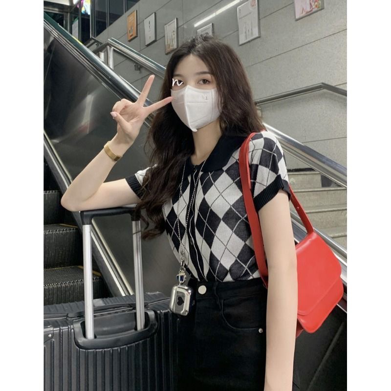 Áo polo kẻ caro đen trắng phối màu vintage Hàn Quốc | BigBuy360 - bigbuy360.vn