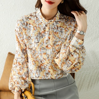 Áo Sơ Mi Tay Dài Phồng Cổ Đứng In Hoa Kiểu Vintage Thời Trang Mùa Thu Cho Nữ