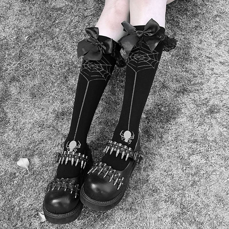 Vớ dài dệt kim phối ren đính nơ màu đen phong cách Gothic Punk Halloween hóa trang Lolita Nhật Bản thời trang dạo phố | BigBuy360 - bigbuy360.vn