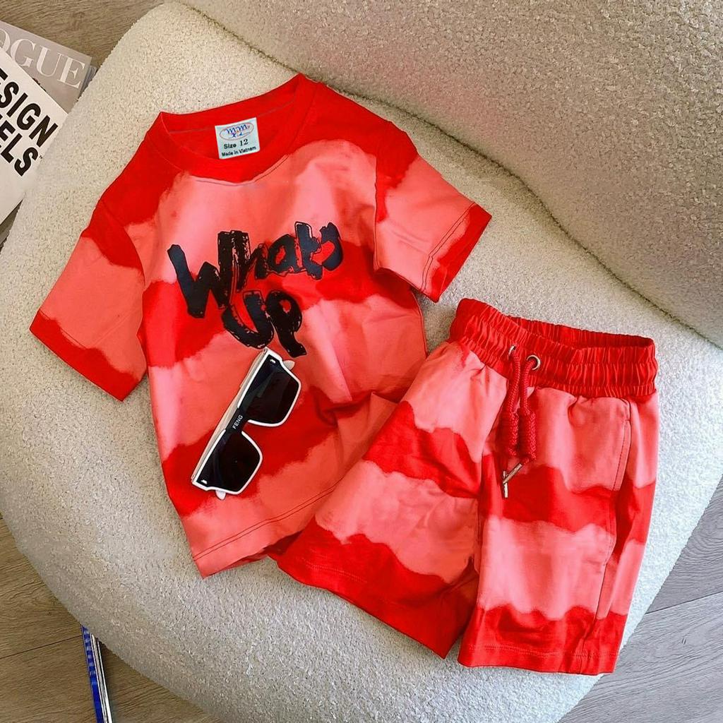 Đồ bộ bé trai vải thun quần lửng hiệu MIMYKID in chữ Whats Up quần áo trẻ em - LMSP-B10TH1