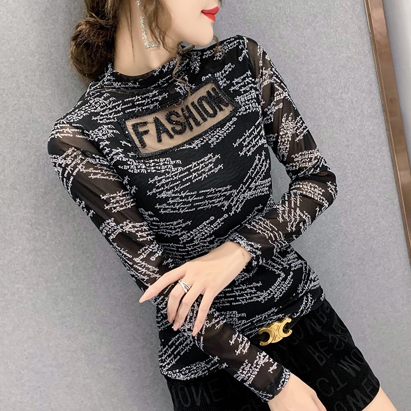 Áo lưới dài tay Áo thun dài tay nữ Cổ Cao Phối Lưới In Họa Tiết Thời Trang Mới