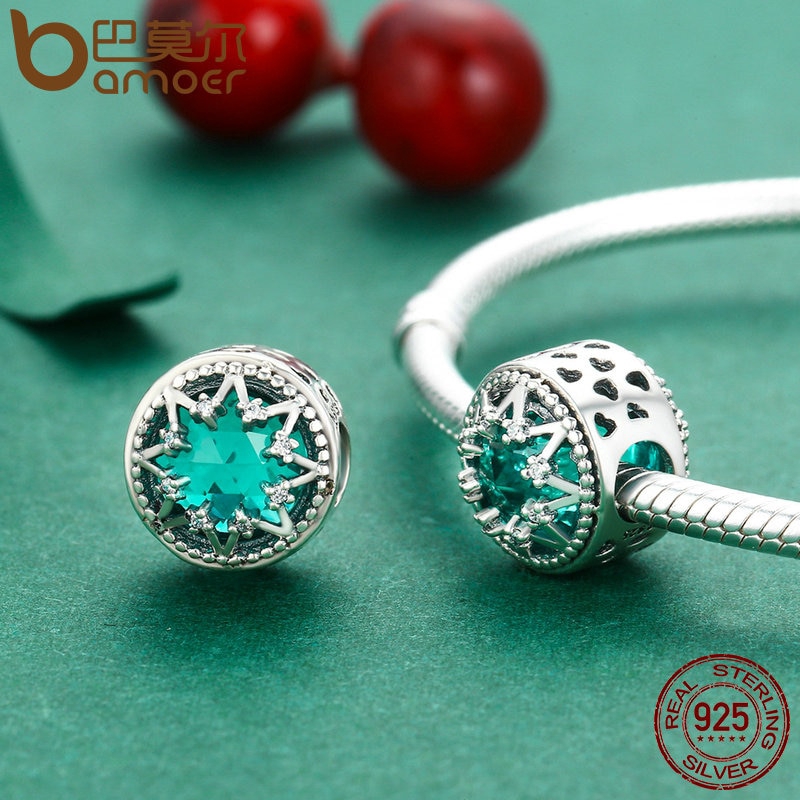 Hạt xỏ vòng tay Bamoer Scc308 bằng bạc 925 họa tiết bông tuyết đính đá sang trọng