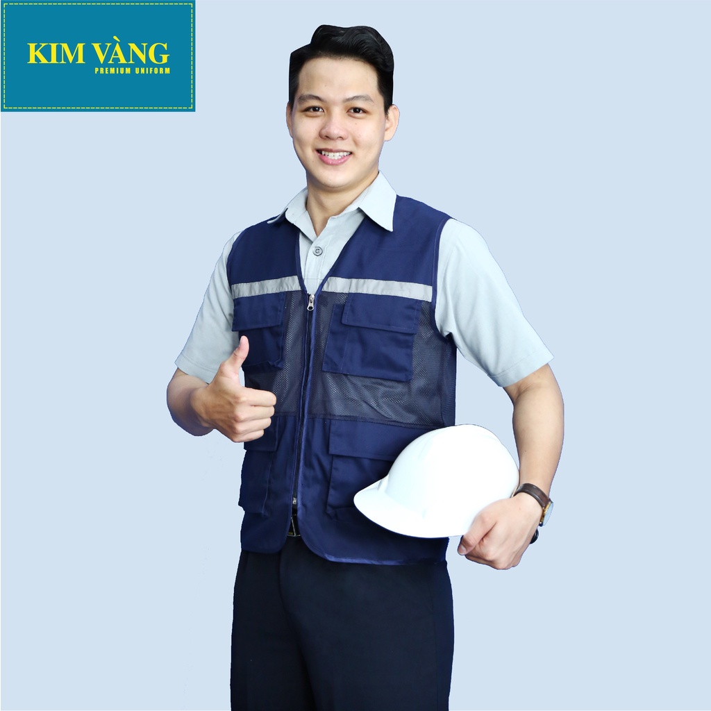 Áo ghile kĩ sư, đồng phục bảo hộ lao động chất liệu kaki TC phối lưới phản quang 3M cao cấp- Màu xanh đen