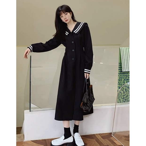 Đầm váy midi đen cổ thuỷ thủ viền trắng váy thu đông đi làm đi dạo phố
