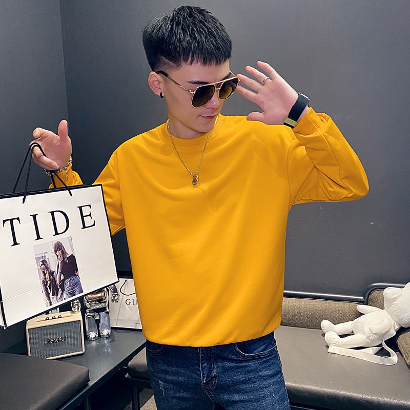 ̅▩Áo Sweater cổ tròn tay dài màu sắc đơn giản trẻ trung