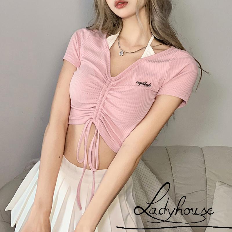 Áo Thun Crop Top Cổ Chữ V Tay Ngắn Dây Rút In Họa Tiết Chữ Dành Cho Nữ