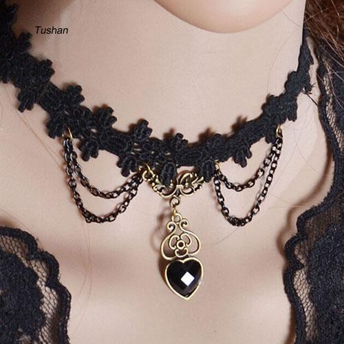 Vòng cổ choker ren mặt hình trái tim phối tua rua phong cách Gothic dành cho nữ