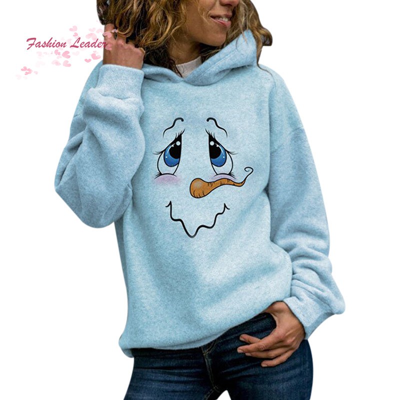 Snowman Face Print Long Sleeve Hoodies Women Men Casual Warm Hooded Sweatshirt