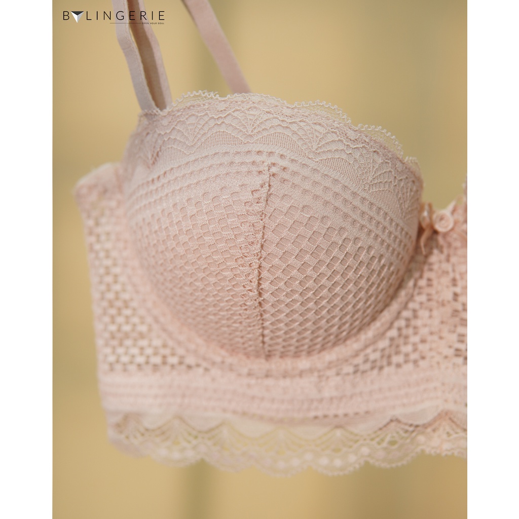 Bộ đồ lót ren nữ BY LINGERIE màu hồng nude áo quây có gọng độn mút dày siêu nâng ngực B224 | BigBuy360 - bigbuy360.vn