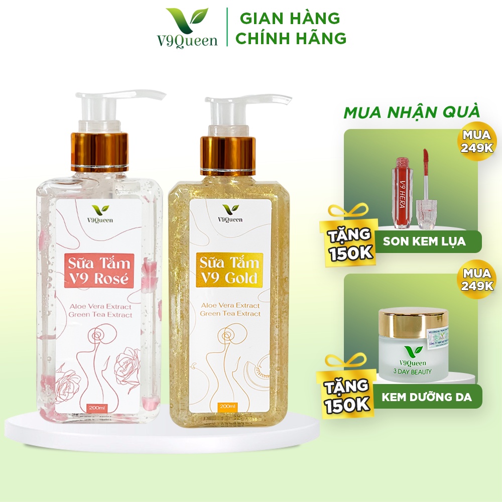 [BỘ ĐÔI] Sữa tắm nước hoa, dưỡng trắng da mịn màng V9 Rose 200ml/chai + V9 Gold 200ml/chai