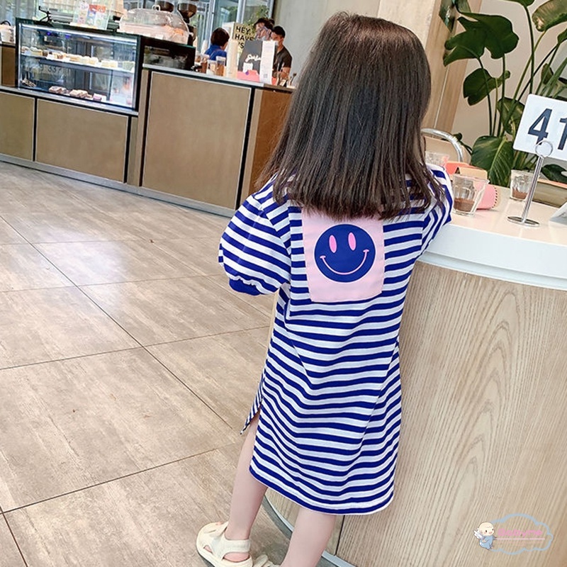 Đầm Thun Tay Ngắn Họa Tiết Sọc Lưng Thời Trang Mùa Hè Cho Bé Gái