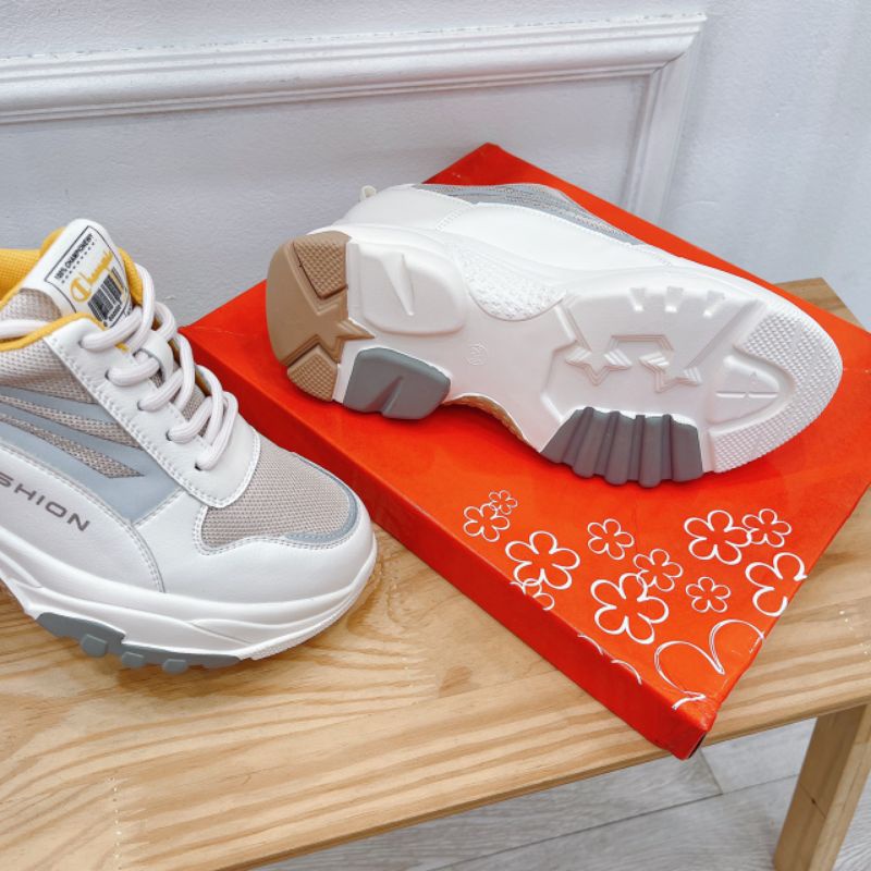 LoH(ẢMH THẬT) Giày Thể Thao Nữ Nâng Đế 6p Nâu Vàng Pha Lưới Da Mềm Êm Fullbox Cao Cấp