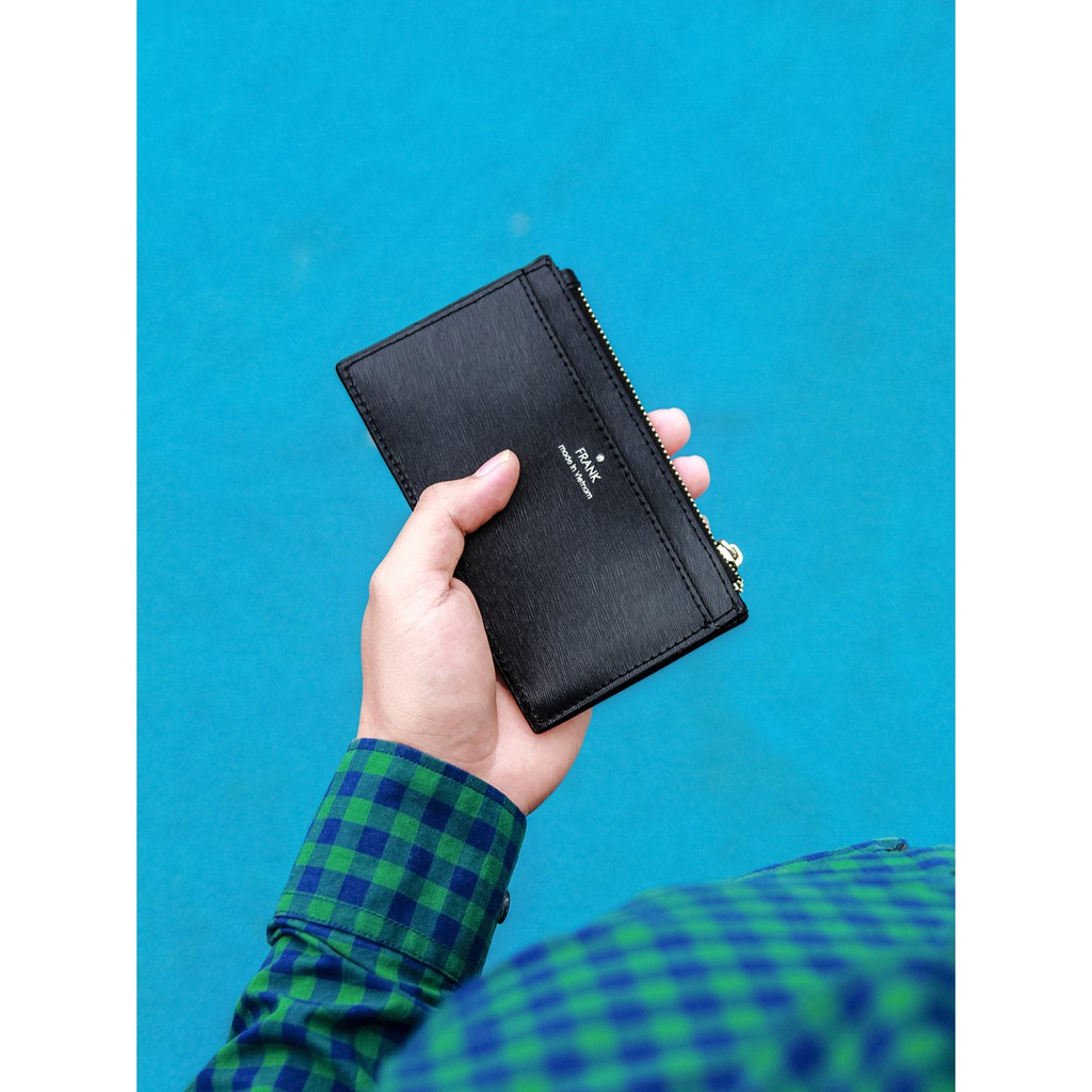 Ví Đựng Tiền Và Thẻ Da Bò Vân Xước FRANK Francis Zipper Card Holder Nhiều Ngăn Có Khóa Cho Nam Màu Đen