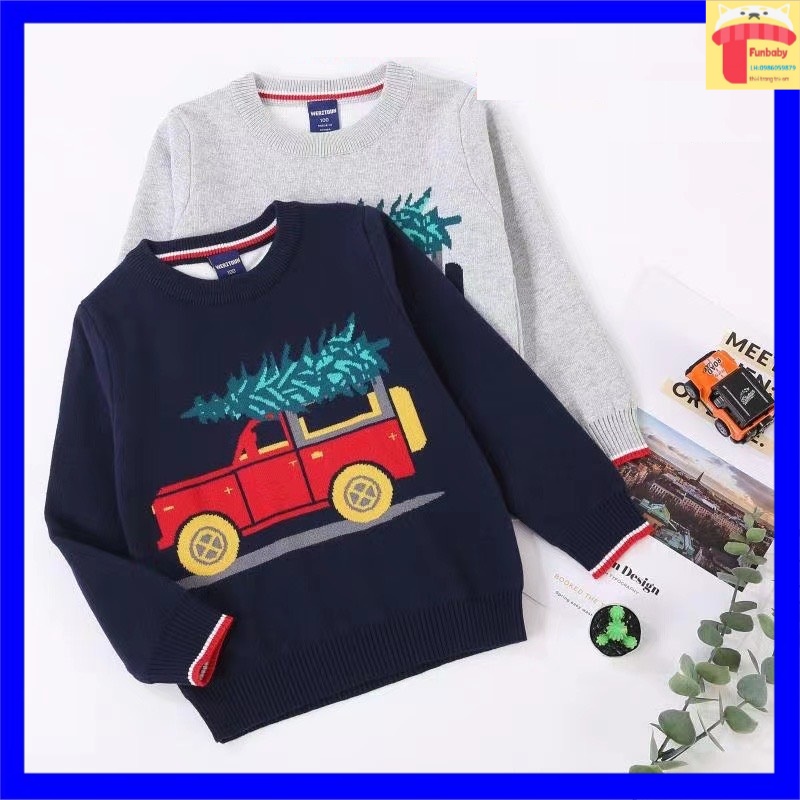 Áo len cho bé trai xuất Hàn 2-7 tuổi 2 lớp hình oto chở cây thông, Áo len trẻ em nam không bai xù kiểu dáng thời trang