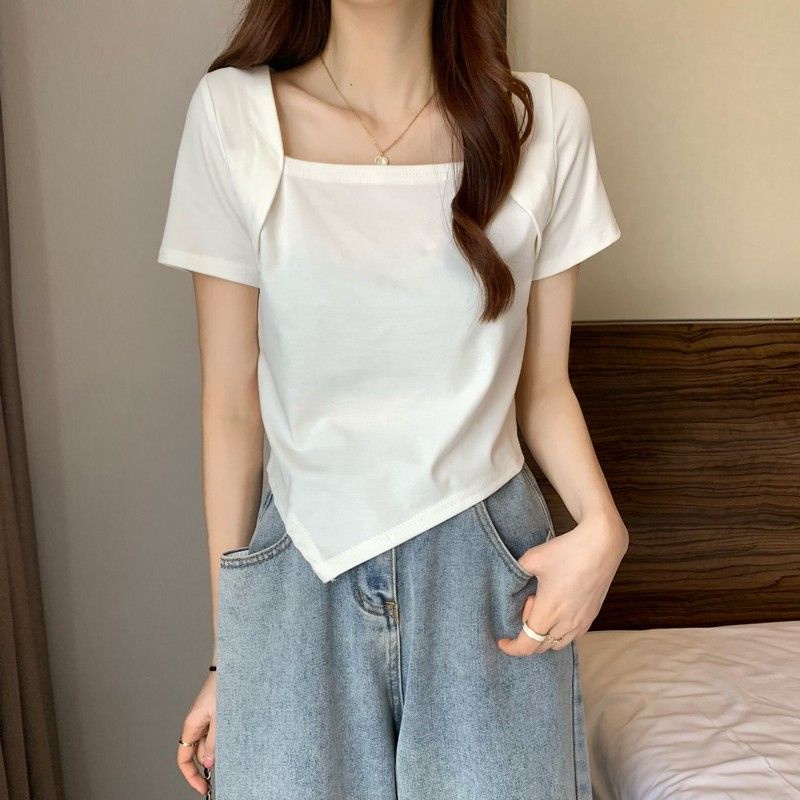 Áo thun SUXI tay ngắn cổ vuông màu trơn dễ phối đồ thời trang mùa hè đơn giản dành cho nữ