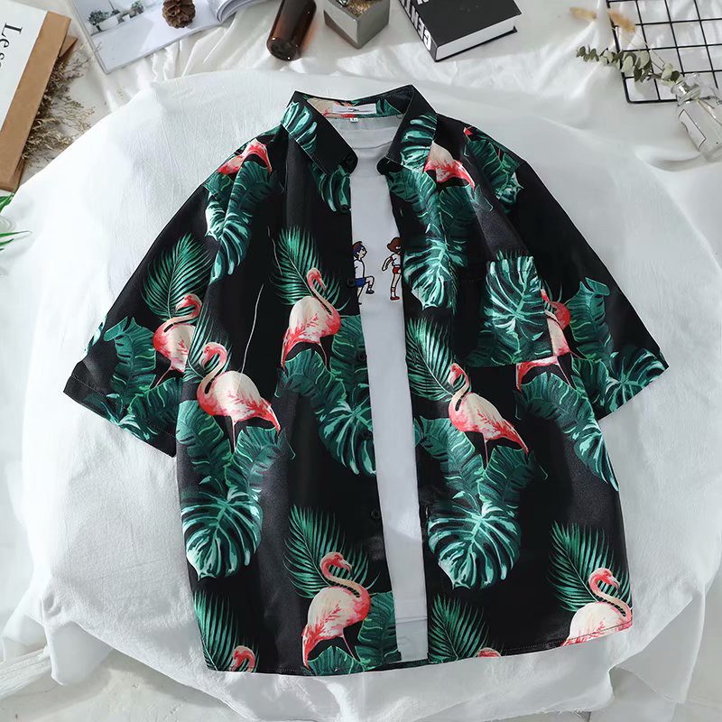 Men's trendy flamingo print short-sleeved shirt | BigBuy360 - bigbuy360.vn