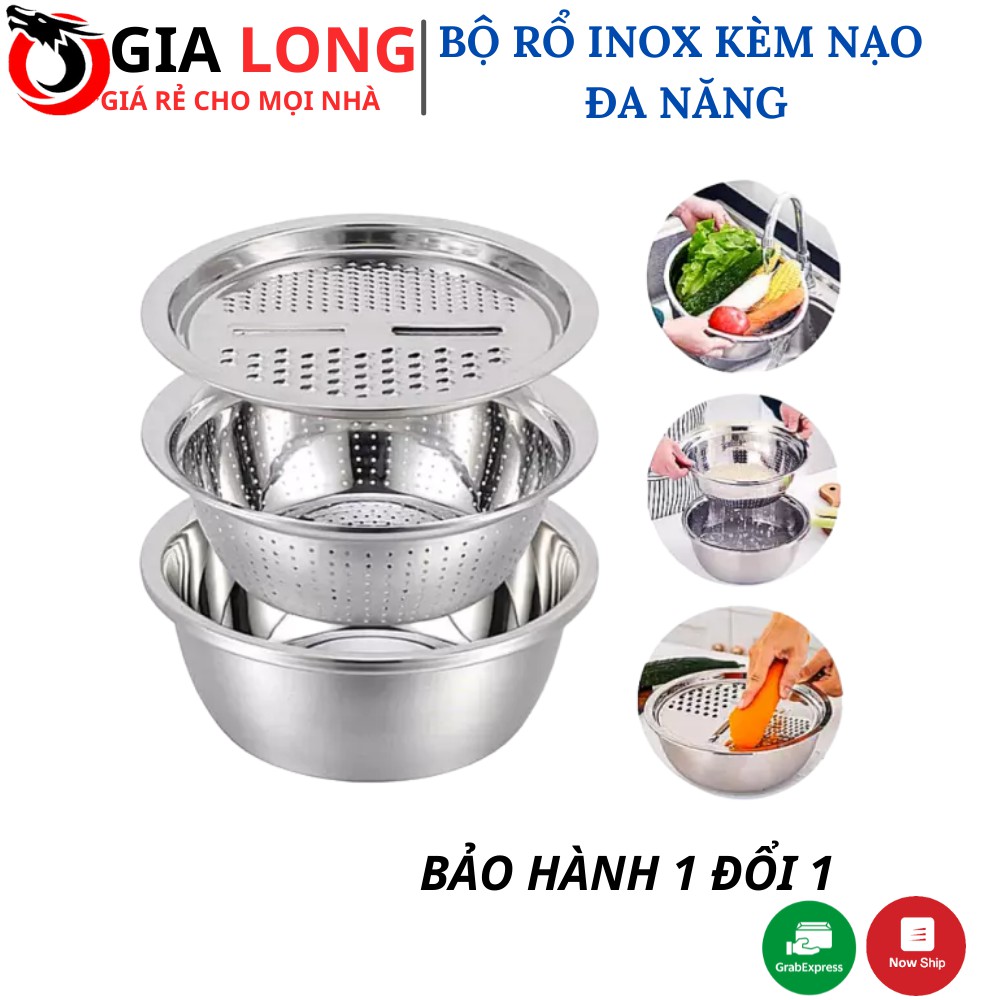 Bộ Rổ Chậu Kèm Nạo Rau Củ Quả Inox Đa Năng 3 Chi Tiết + TẶNG KHĂN LAU TAY