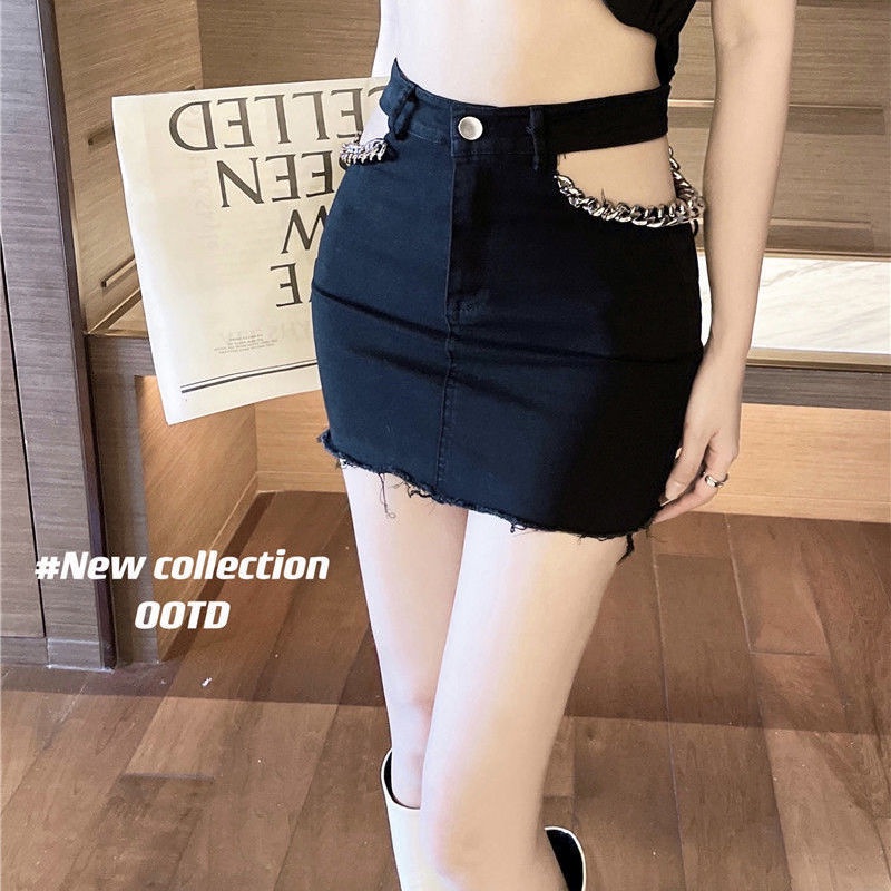 Chân Váy Denim Lưng Cao Phối Dây Xích Thời Trang Mùa Hè Quyến Rũ Cho Nữ