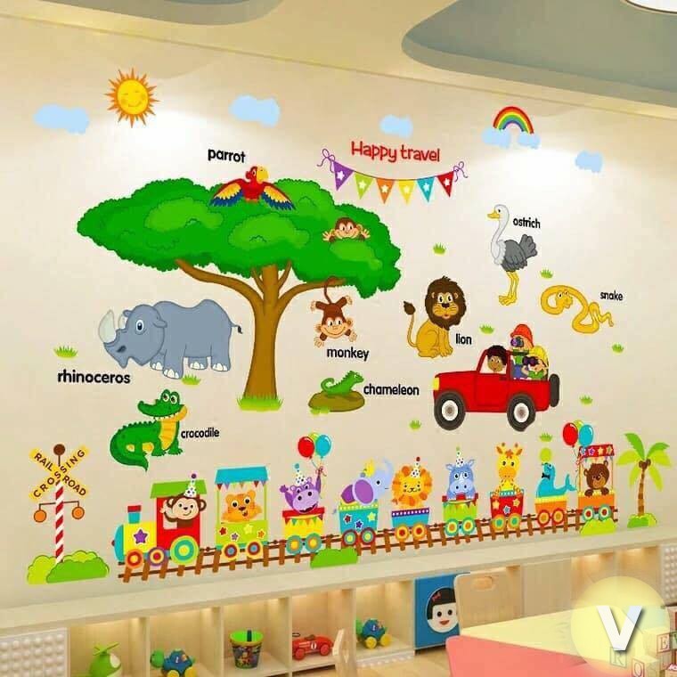 Decal dán tường Vườn thú tiếng anh và đoàn xe