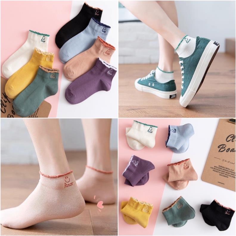 Set 5 Đôi Tất Anor cổ ngắn nữ, vớ nữ mặt cười chất vải cotton co giãn bốn chiều thoáng khí Myna tt4