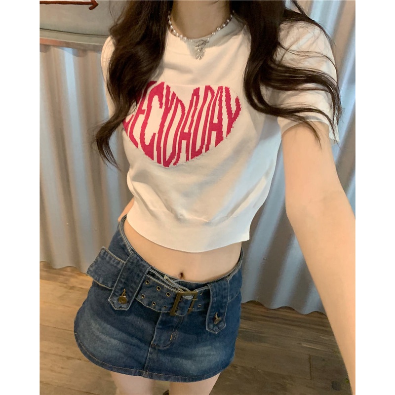 Áo Thun Dệt Kim Màu Xanh Đen Trắng Tay Ngắn Dáng Ôm Croptop Chữ Phong Cách Hàn Quốc Loại 1