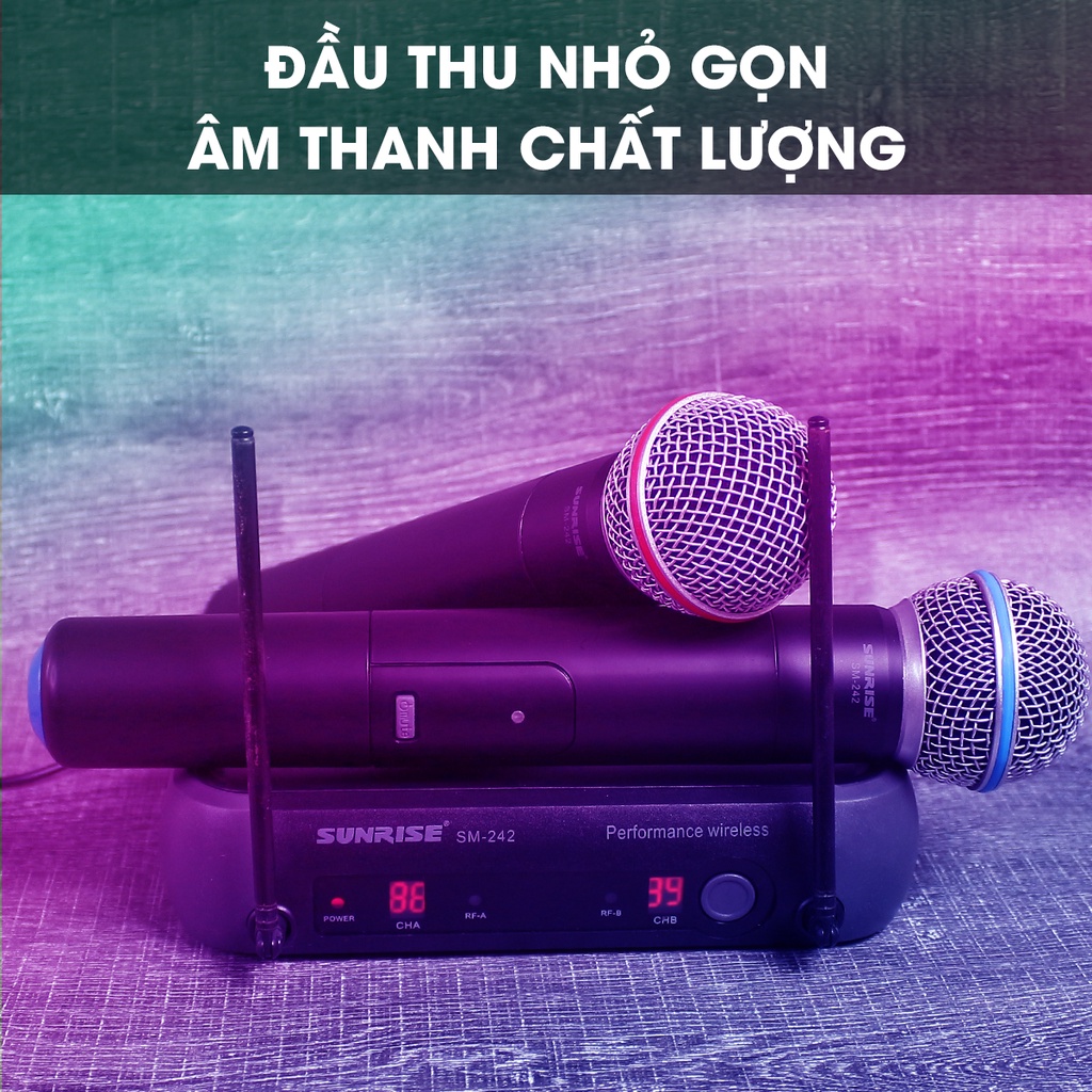 Micro không dây hộp sóng chính hãng Sunrise SM-242 sử dụng sóng UHF, Mic karaoke chất lượng cao chống hú chống nhiễu tốt
