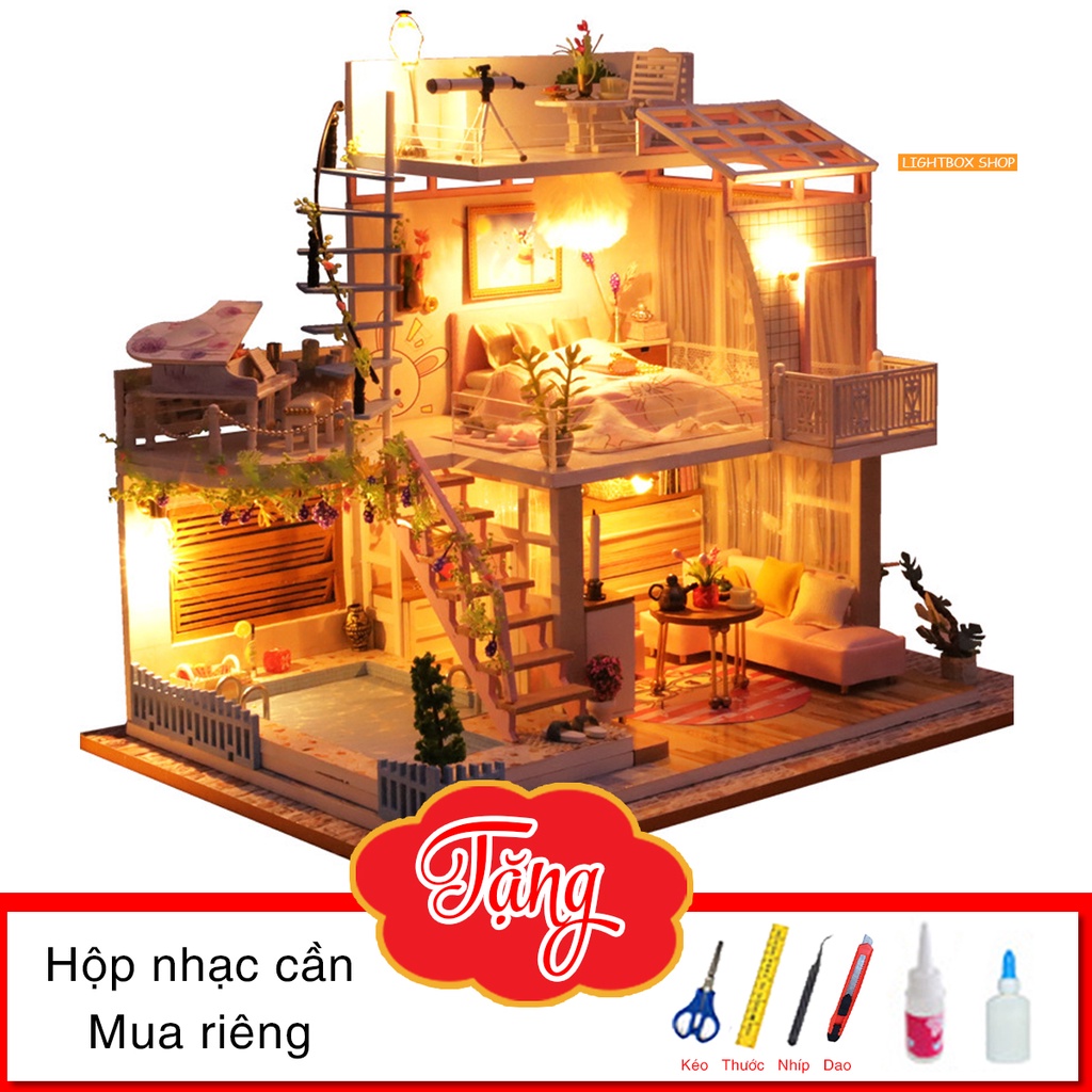 Nhà búp bê tự làm bằng gỗ DIY | Tặng DỤNG CỤ và 2 BÌNH KEO DÁN. Mô hình nhà Meet The Hour có nội thất và đèn led. P005