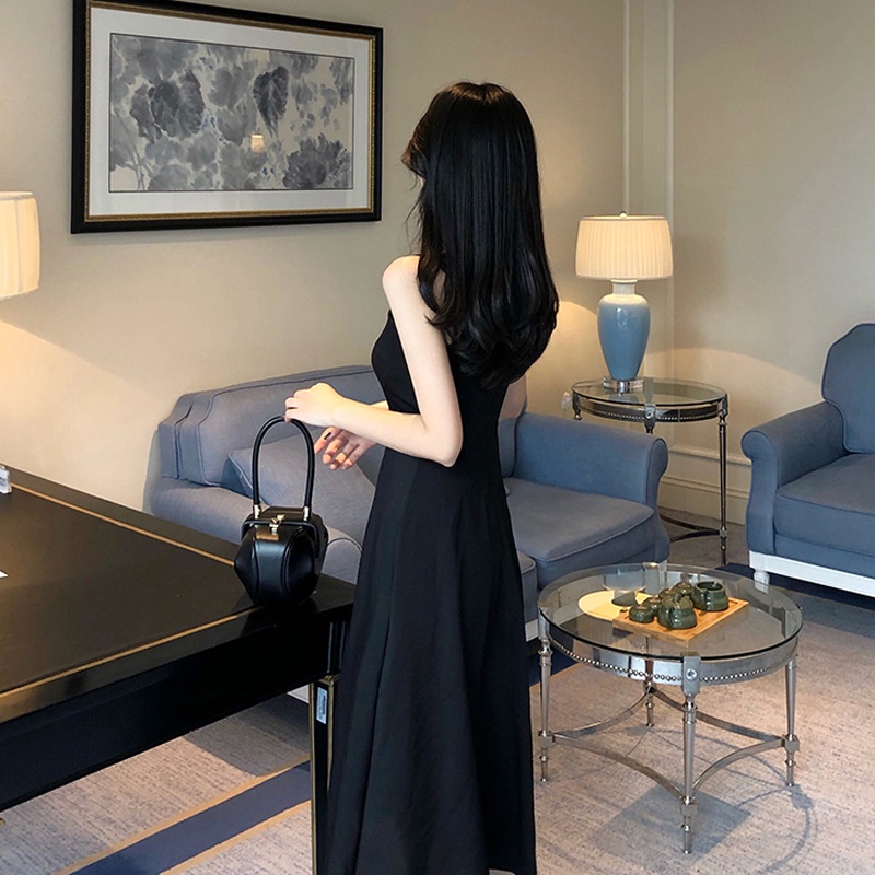 Đầm hai dây IELGY màu đen kiểu Pháp thời trang mùa hè cho nữ