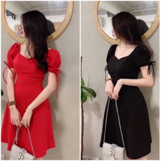 Đầm cổ vuông tim đỏ đen tay nơ - Nemo Dress