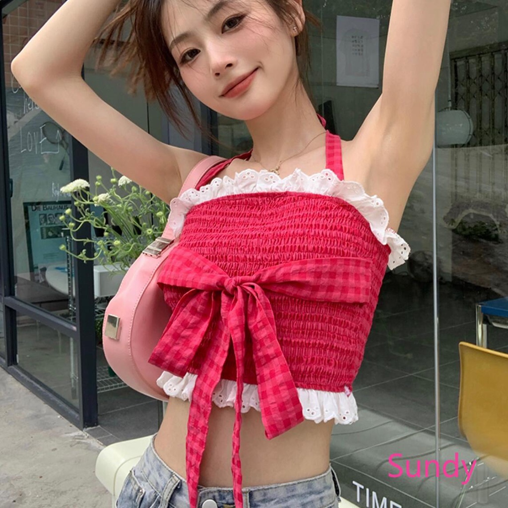 Áo Croptop Hai Dây Phối Ren Thắt Nơ Ngọt Ngào Thời Trang Mùa Hè Cho Nữ