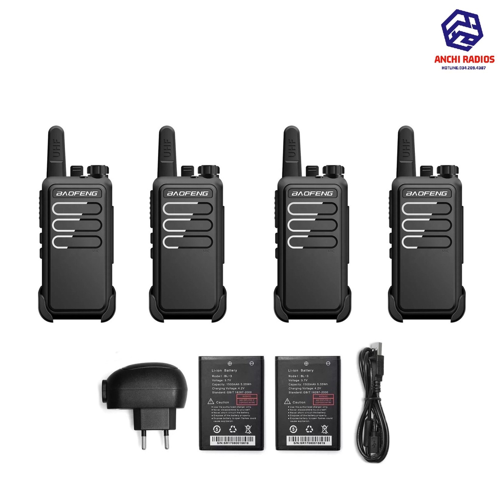 Bộ 04 Máy Bộ Đàm Baofeng Mini Siêu Nhỏ (Siêu bền,Pin dung lượng lớn, Thiết kế nhỏ gọn,Cự ly liên lạc 1Km)+Tai Nghe Hot