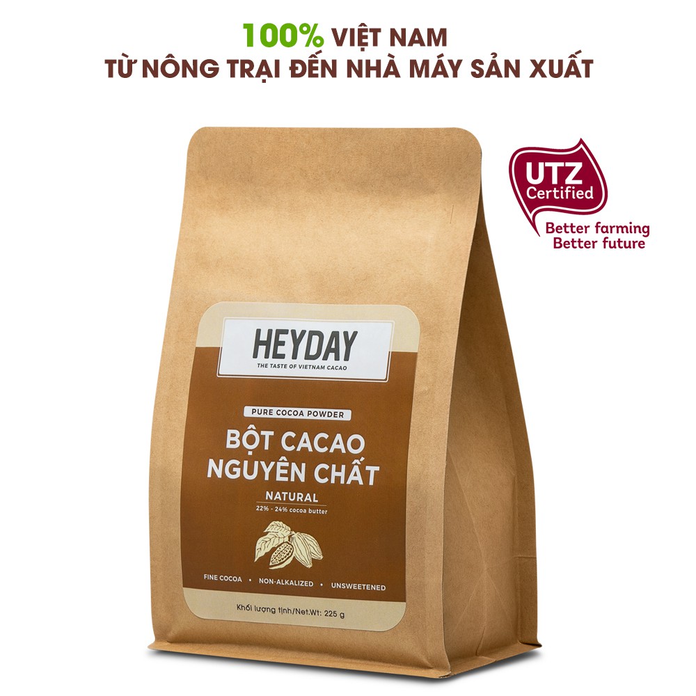 Bột cacao nguyên chất 100% Heyday - Dòng Natural thuần tự nhiên, không kiềm hoá - Túi giấy 225g - Chuẩn UTZ Quốc Tế