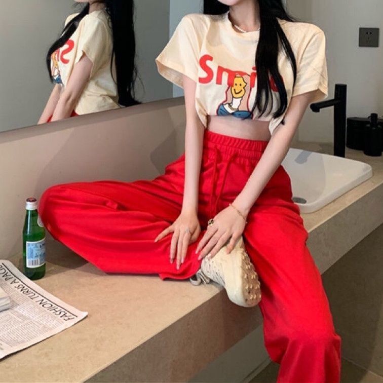 Set Áo Thun Tay Ngắn In Họa Tiết + Quần Ống Rộng Năng Động Hợp Thời Trang