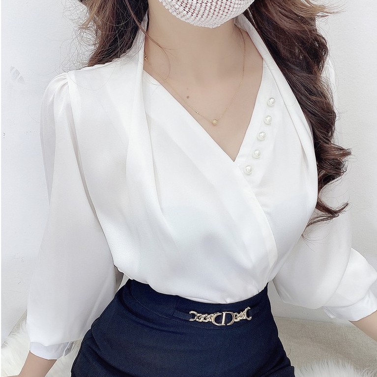 Áo sơ mi nữ cách điệu cổ V, áo lụa cổ chéo cúc ngọc trắng trơn A941 KYMIE