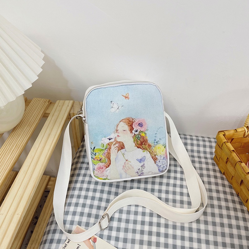 Túi Đeo Chéo Vải Canvas Hình Vuông Nhỏ Nhắn In Họa Tiết Hoạt Hình Dễ Thương Cho Nữ