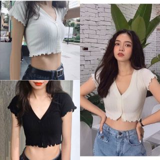 Sale lh46- Áo croptop cổ tim cuốn biên xuất khẩu