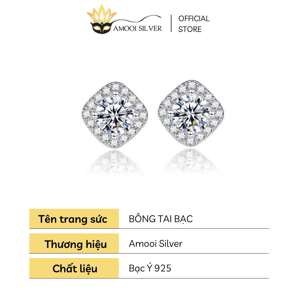 Bông tai bạc S925 halo vuông nhí - Amooi Silver AB228