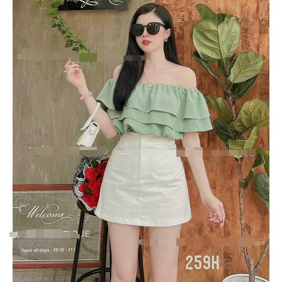 Set váy lụa áo trễ vai quần ngắn, set bộ hai món siêu xinh