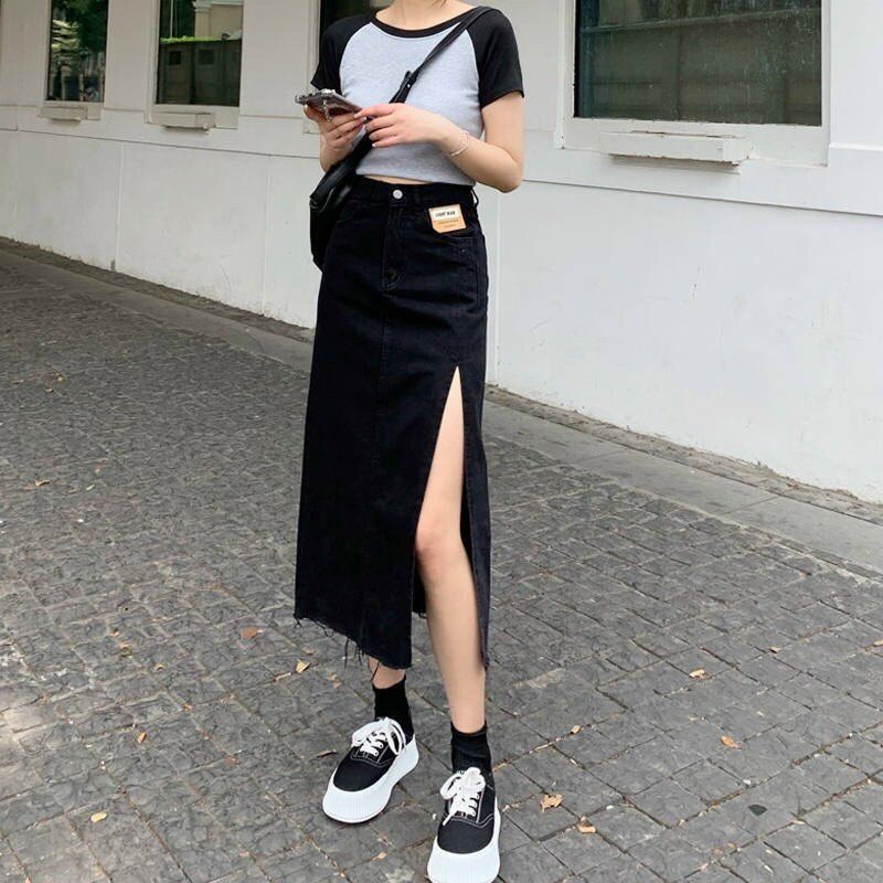 Chân váy Jean xẻ tà cạp cao cá tính, chân váy demin nữ Okélla